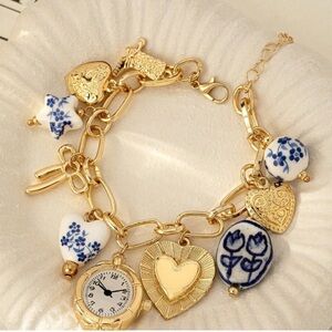 NWT Boho Cute Blue Gold and White Charm Bracelet